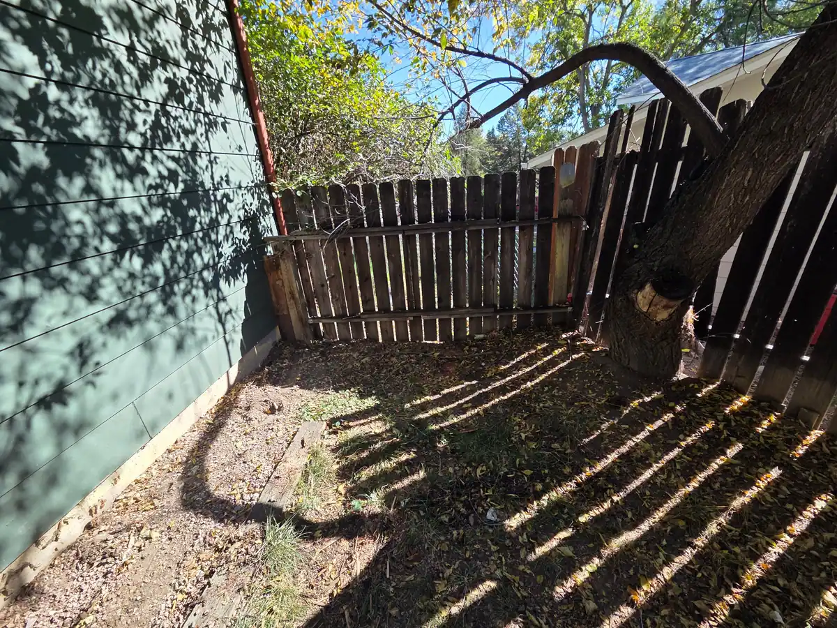 The same fenced corner with the workbench gone